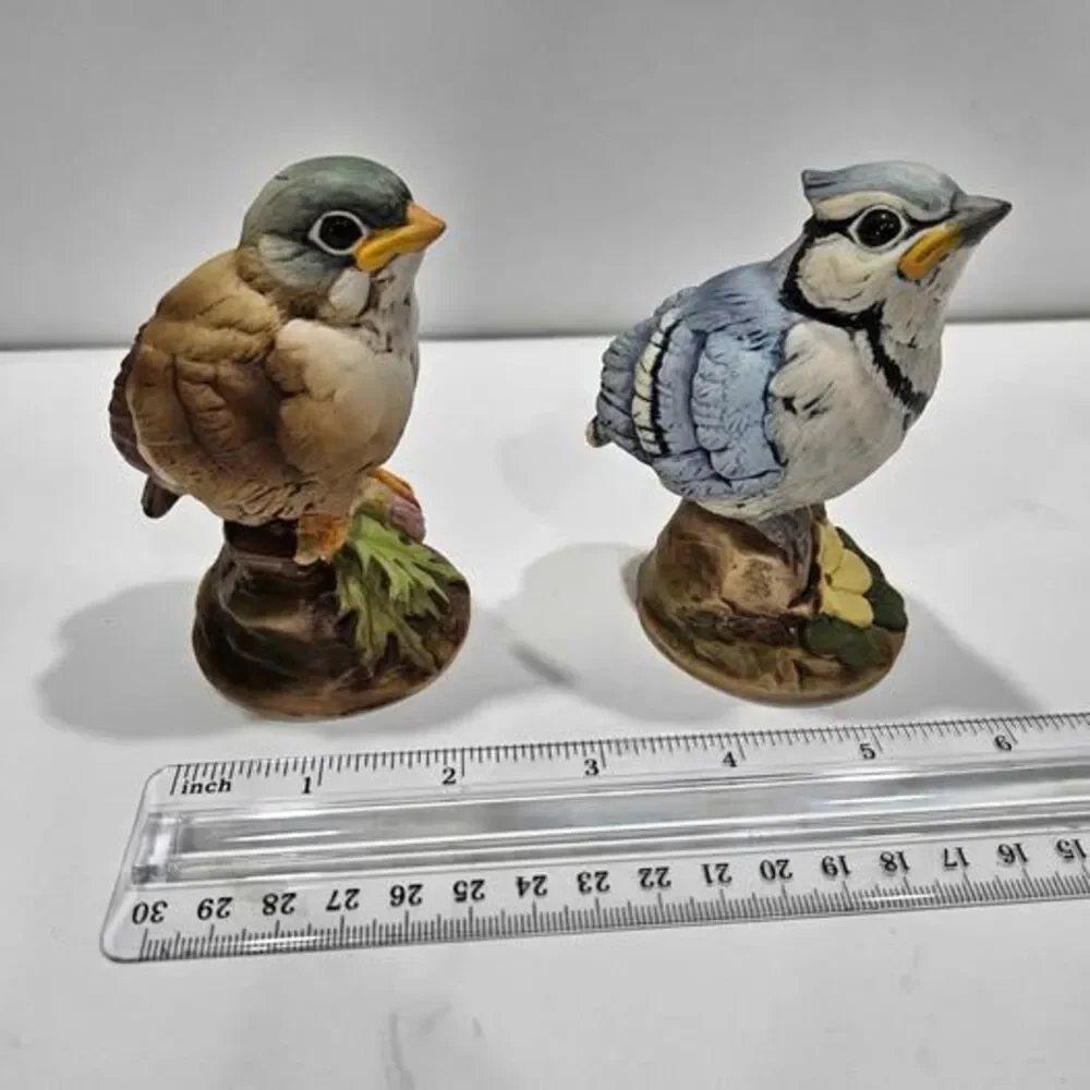 Set of 2 Ceramic Bird Figurines Blue Jay & Brown Bird